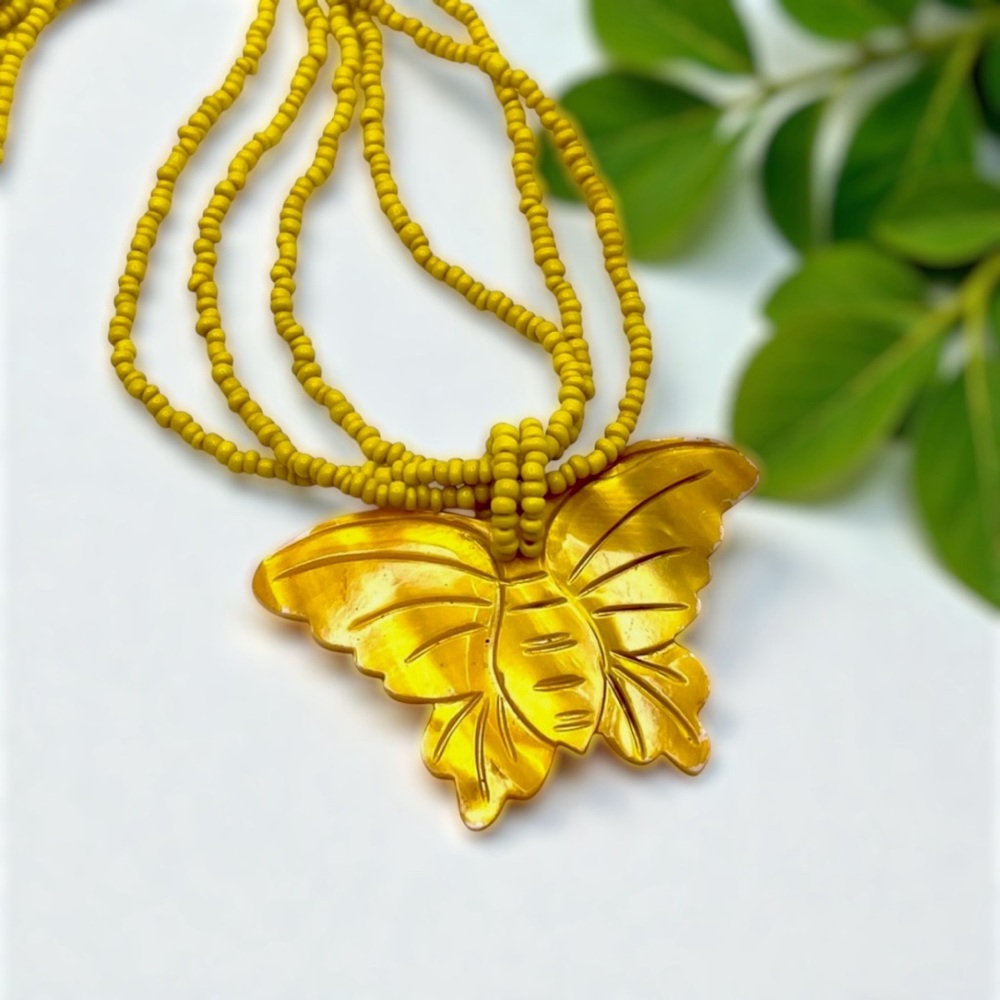Cute Retro Bright Yellow Butterfly Pendant Statement Necklace